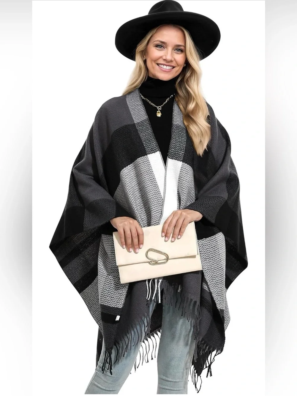 HOLDINA Plaid Ruana Poncho Shawl Wrap Fringe Open Front Oversized Gray Black
